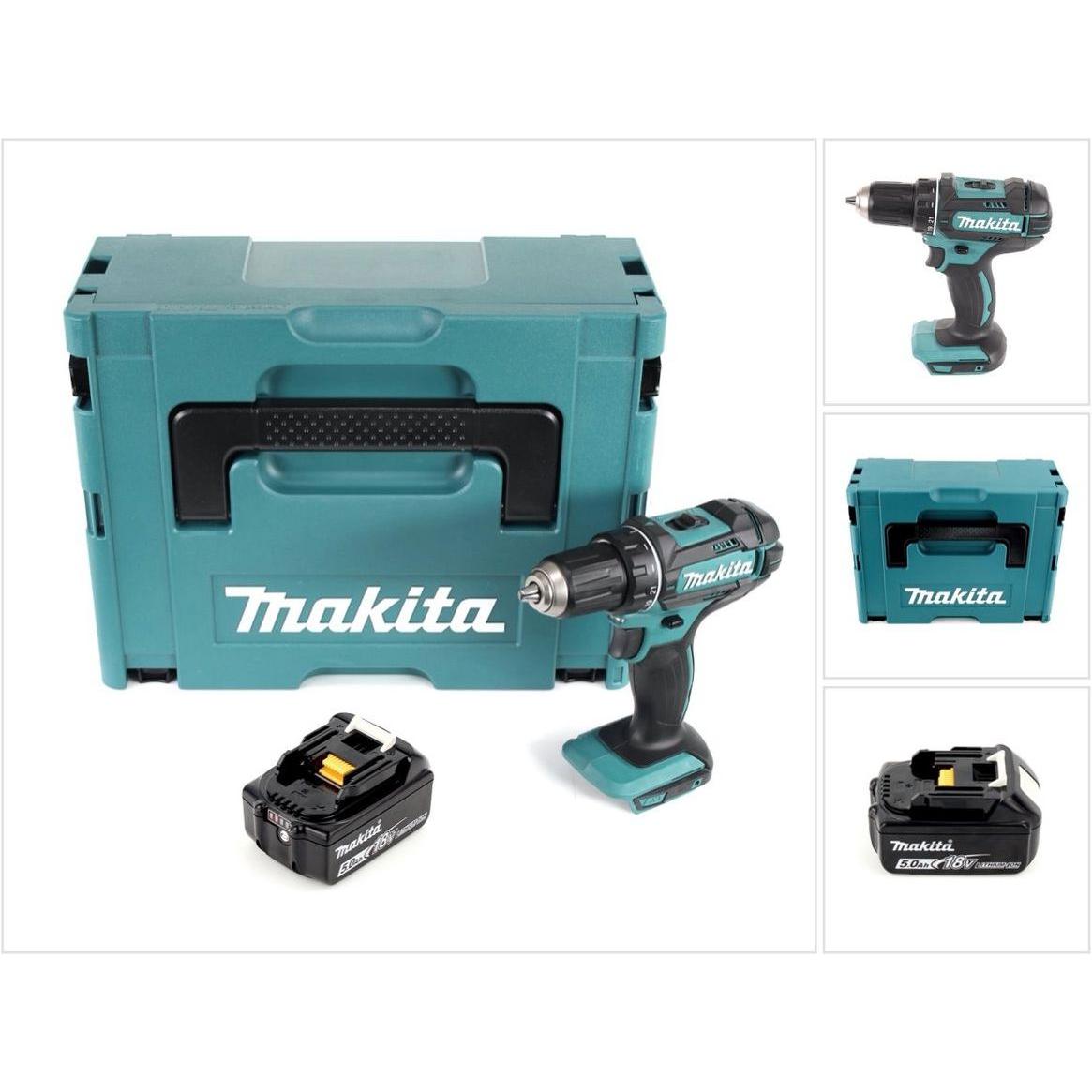 Makita, Bohrmaschine + Akkuschrauber, DDF 482 T1J Akku Bohrschrauber 18 V 62 Nm + 1x Akku 5,0 Ah + Makpac - ohne Ladeger...