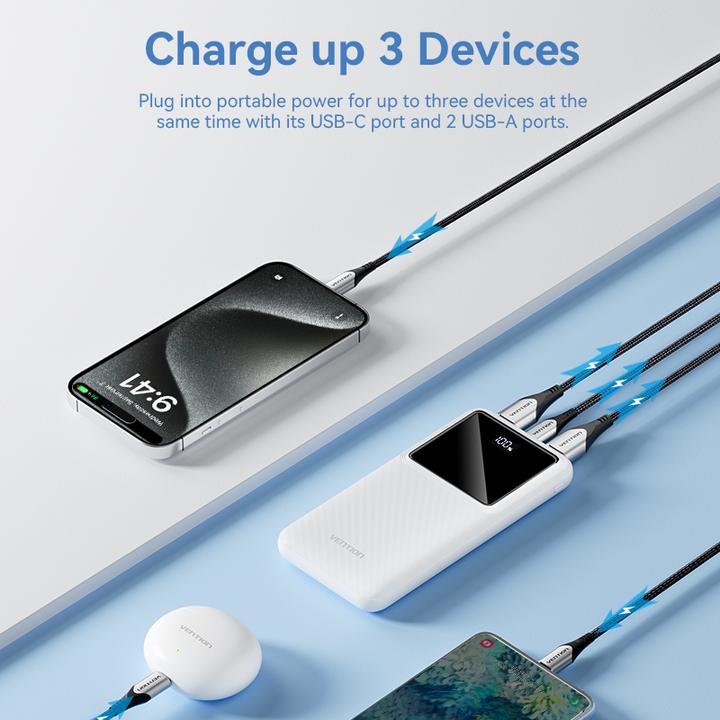 Image du produit Vention Powerbank,, FHKW0,10000mAh, Micro-USB, USB-C, 2xUSB-A, 22.5W (blanc) (10000 mAh, 22.50 W, 37 Wh)