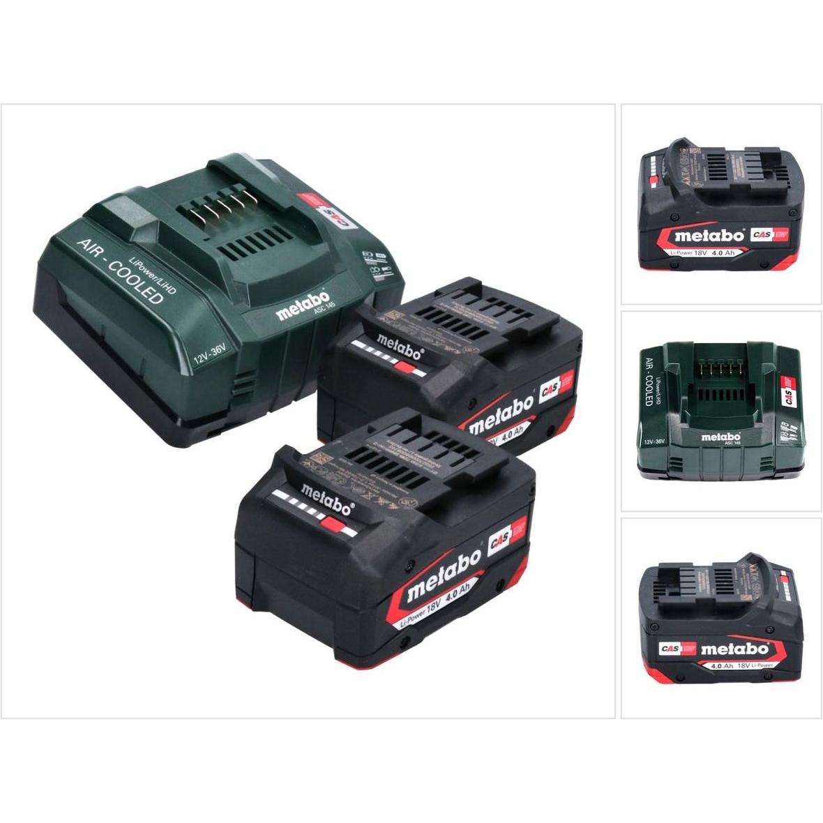 Metabo, Werkzeugakku + Ladegerät, Basis Set 2x Li-Power Akkupack 18 V 4,0 Ah CAS Li-Ion Akku ( 2x 625027000 ) + ASC 145 ...