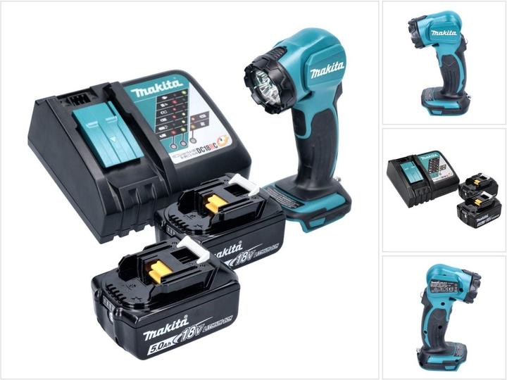 1x Makita DEADML 815 LED Akku Handleuchte, 2x Makita BL 1850 B 18 V 5,0 Ah Akku, 1x Makita DC 18 RC Ladegerät