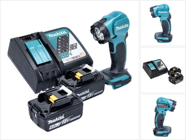 1x Makita DEADML 815 LED Akku Handleuchte, 2x Makita BL 1860 B 18 V 6,0 Ah Akku, 1x Makita DC 18 RC Ladegerät
