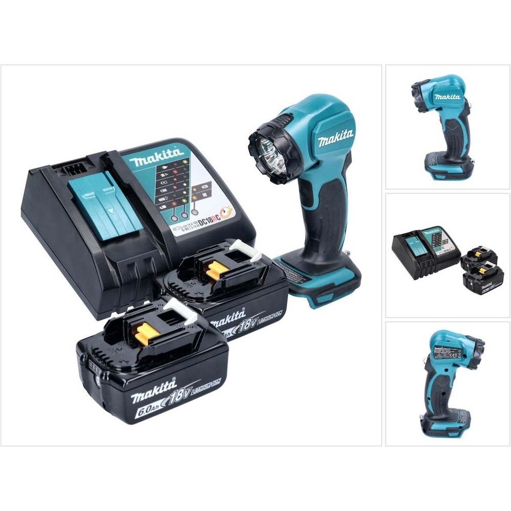 Makita, Arbeitsleuchte, DEADML 815 RG LED Akku Handleuchte 14,4 - 18 V 160 lm + 2x Akku 6,0 Ah + Ladegerät (160 lm)