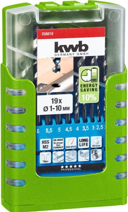 Actual product image kwb HI-NOX HSS drill set 19 pieces (1 mm, 1.5 mm, 2 mm, 2.5 mm, 3 mm, 3.5 mm, 4 mm, 4.5 mm, 5 mm, 5.5 mm, 6 mm, 6.5 mm, 7 mm, 7.5 mm, 8 mm, 8.5 mm, 9 mm, 9.5 mm, 10 mm)