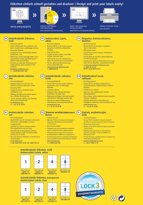 Productafbeelding Avery AVZ L8001-10 Antimicrobiële etiketten 210x297mm wit
