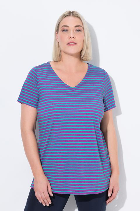 Image du produit Ulla Popken T-shirt technique rayé, col en V et manches courtes, coupe Classic (42, 44)
