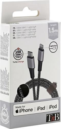 Produktbild T'nB CÂBLE USB-C - LIGHTNING M/M 1,5M (NOIR/GRIS) (1.50 m)