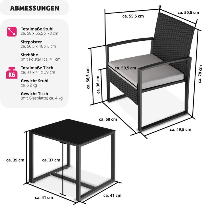 Image du produit tectake Ensemble de salon de jardin en rotin Granada avec table pour 2 personnes Noir