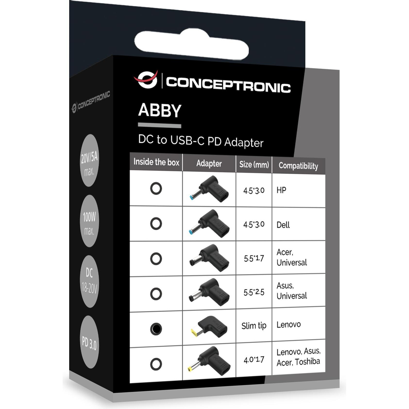 Thumbnail - Conceptronic Adapter USB-C -> DC, Lenovo Slim Tip 18-20V sw, Notebook Netzteil, Schwarz