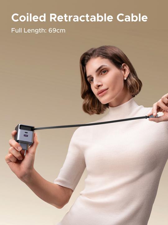 Actual product image Ugreen Wall GaN Charger- Retractable Cable (45 W, 3 ports)