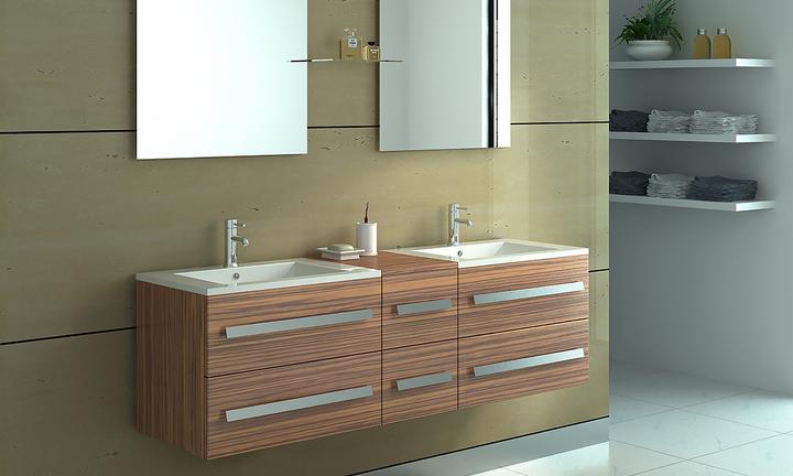 Ensemble Meuble Lavabo Salle De Bain Zurich II, Bois Zébré, Double Vasque, 150cm, Neuf