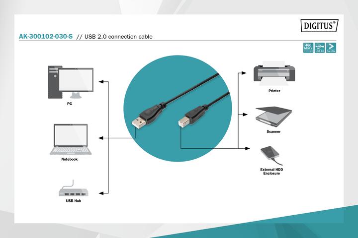 Image du produit Digitus Câble de connexion USB, 3m (3 m, USB 2.0)