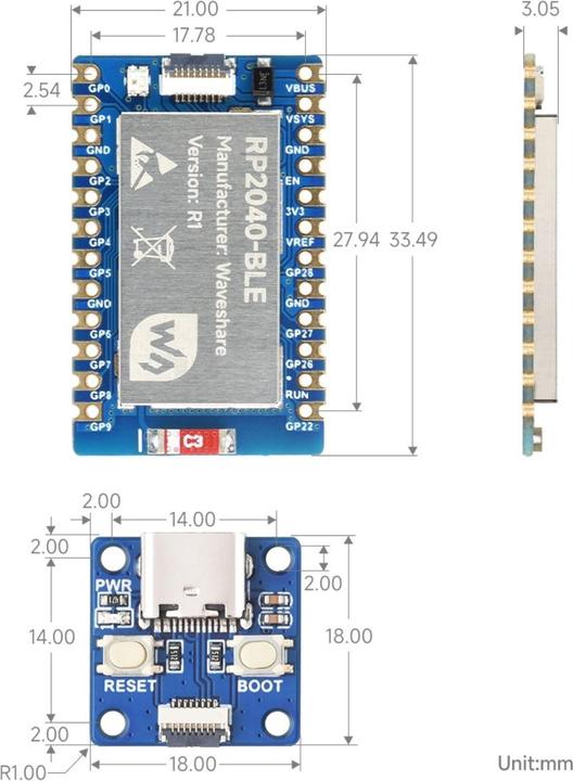 Produktbild WaveShare RP2040-BLE Raspberry Pi Pico basiert mit Bluetooth 5.1