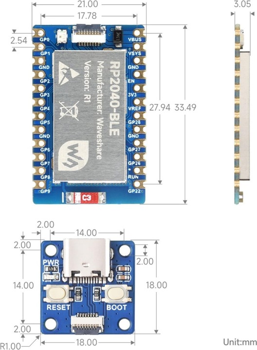 Actual product image WaveShare RP2040-BLE Raspberry Pi Pico based with Bluetooth 5.1