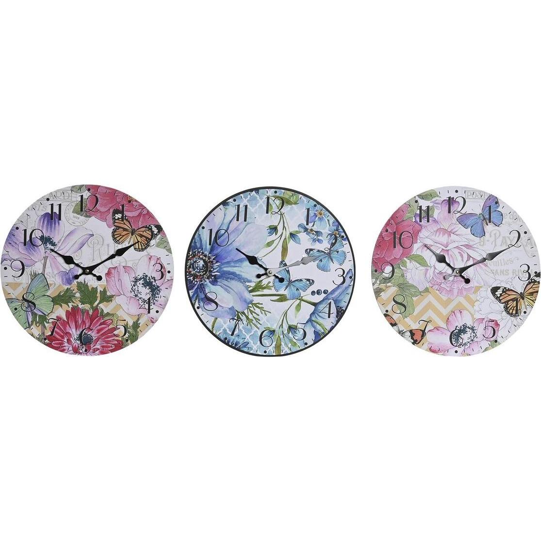 DKD Home Decor, Orologio da parete, Wanduhr Bunt Blomster Holz MDF (34 x 4 x 34 cm) (3 Stück)