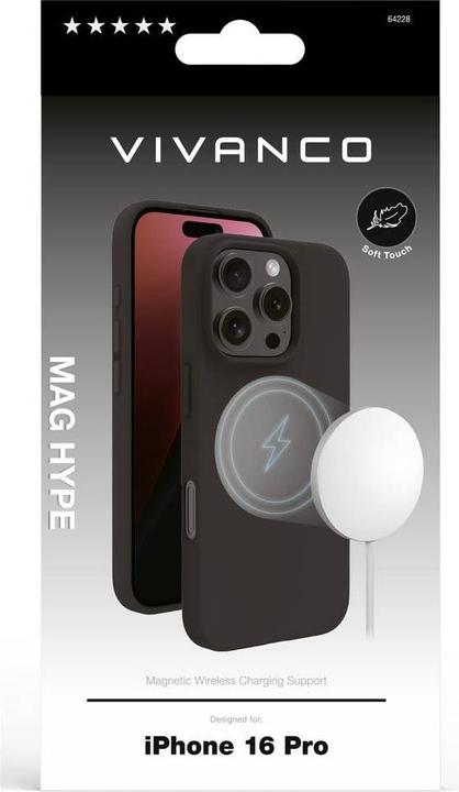 Immagine prodotto Vivanco MAG HYPE Cover per iPhone 16 Pro, nera, supporto MagSafe (Apple iPhone 16 Pro)