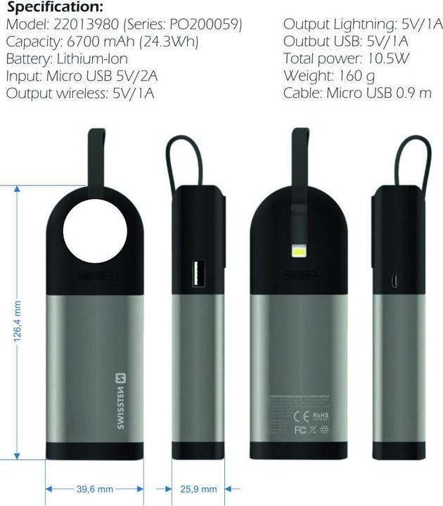 Produktbild Swissten 2in1 Apple Watch MFi Powerbank 6700 mAh (6700 mAh, 10.50 W, 10.50 Wh)