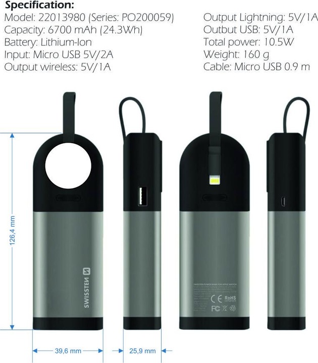 Actual product image Swissten 2in1 Apple Watch MFi Powerbank 6700 mAh (6700 mAh, 10.50 W, 10.50 Wh)