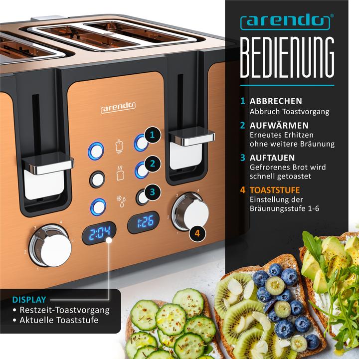 Image du produit Arendo Toaster 4 Scheiben Kurzschlitz, Automatik, Wärmeisolierendes Doppelwandgehäuse, Edelstahl, 1750 W