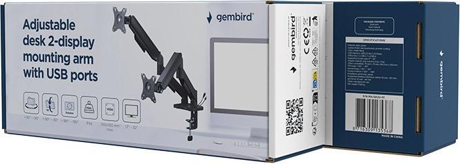 Actual product image Gembird Biurkowe Ramię Na Dwa Monitory Z Portami USB (Regulowane) Od 17 Do 32 Obciążenie Do 9 kg (Table, 32", 9 kg)