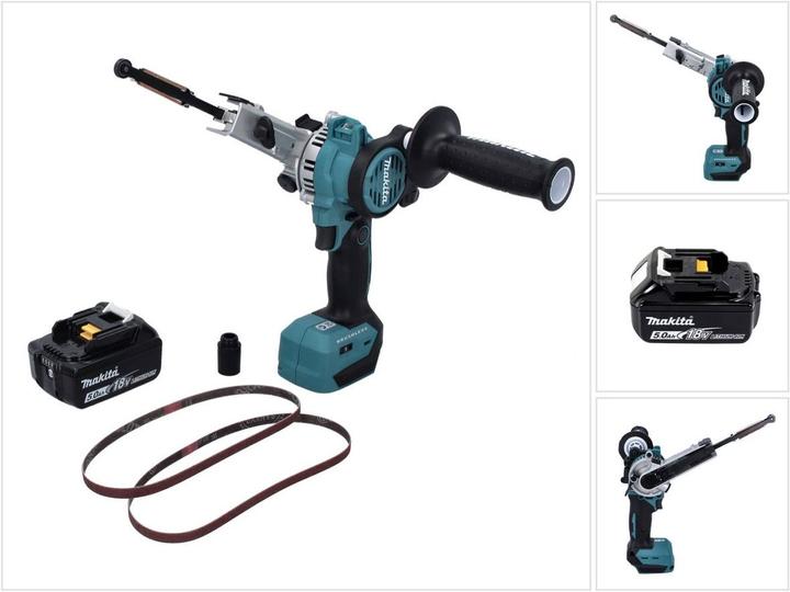 1x Makita DBS 180 lime à bande sans fil 18 V 9 x 533 mm Brushless + 1x poignée supplémentaire, 2x bande abrasive K80, 1x adaptateur d'aspiration, 1x collier de serrage, 1x Makita BL 1850 B batterie Li-Ion 18V 5,0 Ah