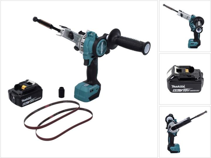 Batterie Li-Ion 6000 mAh avec indicateur LED ( 197422-4 ), 1x Makita DBS 180 lime à bande sans fil 18 V 9 x 533 mm Brushless + 1x poignée supplémentaire, 2x bande abrasive K80, 1x adaptateur d'aspiration, 1x collier de serrage, 1x Makita BL 1860 B 18 V - 6,0 Ah