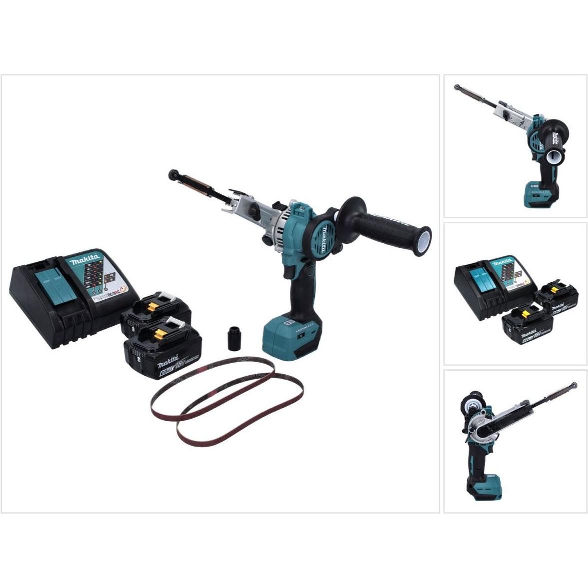 Makita, Schleifmaschine + Poliermaschine, DBS 180 RG Akku Bandfeile 18 V 9 x 533 mm Brushless + 2x Akku 6,0 Ah + Ladeger...