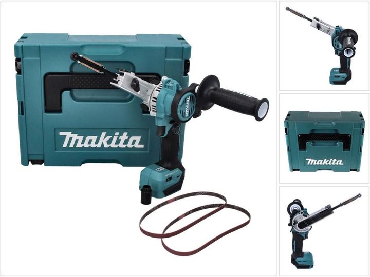 1x Makpac, 1x adaptateur d'aspiration, 1x poignée supplémentaire, 1x insert universel, 2x bande abrasive K80, 1x Makita DBS 180 lime à bande sans fil 18 V 9 x 533 mm Brushless, 1x collier de serrage