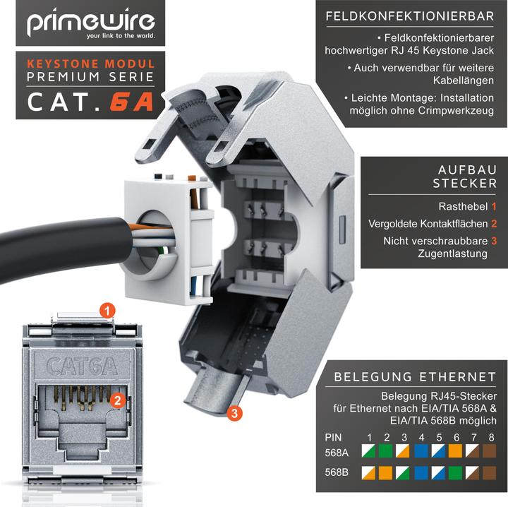 Image du produit Primewire 4x Keystone Modul CAT.6a für LAN Kabel Stecker feldkonfektionierbar, RJ45 Buchse zu Netzwerkkabel (Module Keystone)