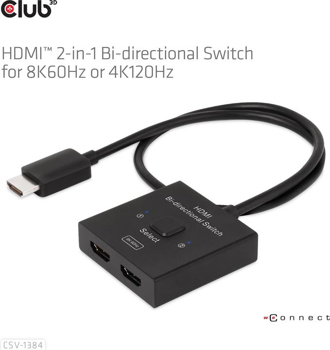 Actual product image Club 3D Club3D HDMI Switch 2-in-1 bidirectional 8K60Hz/4K120Hz UHD retail