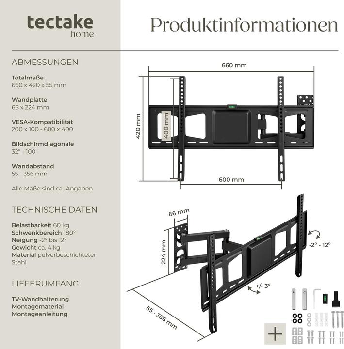 Actual product image tectake TV wall mount (Wall, 60", 60 kg)