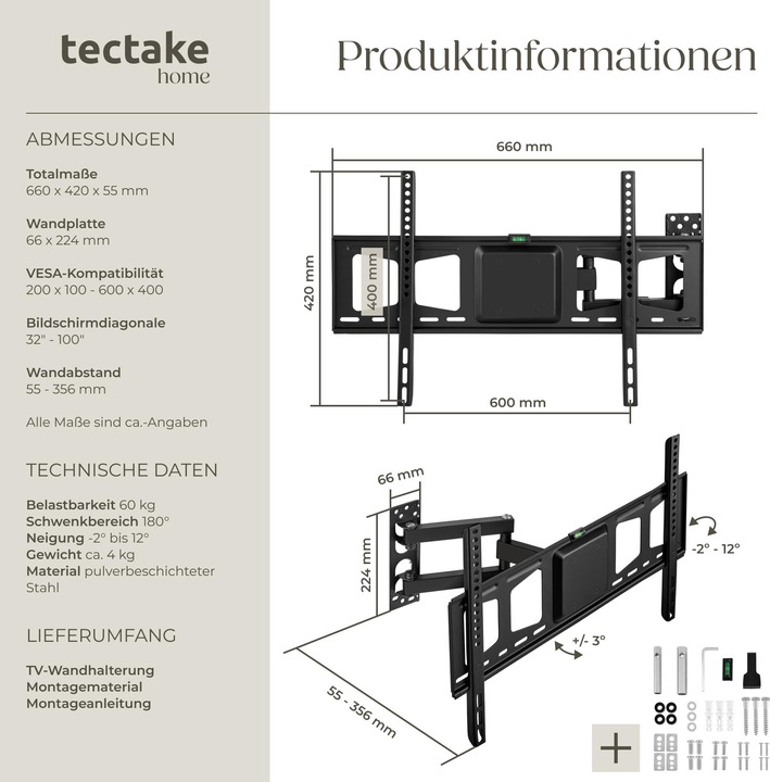 Image du produit tectake Support mural pour TV (Mur, 60", 60 kg)
