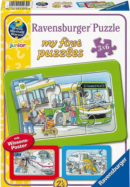 Productafbeelding Ravensburger Kinderpuzzel - 12004039 Reizen met bus, trein en vliegtuig - mijn eerste puzzel met 3x6 (18 onderdelen)