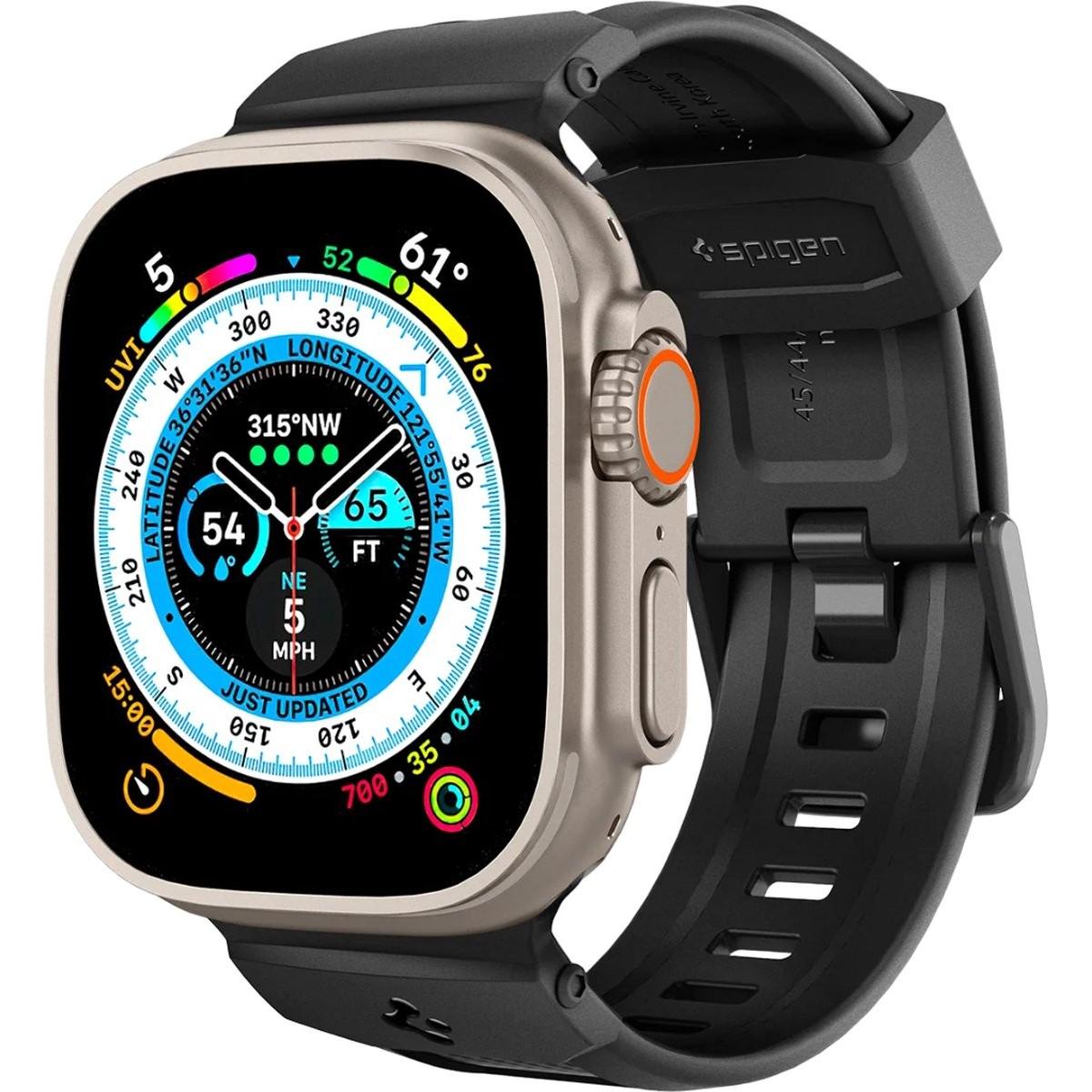 Spigen Rugged Ultra Band Apple Watch 4/5/6/7/8/9/SE/Ultra/Ultra 2 42/44/45/49 mm czarny/nero opaco A (42 mm, Poliuretano termoplastico (TPU)), Cinturi