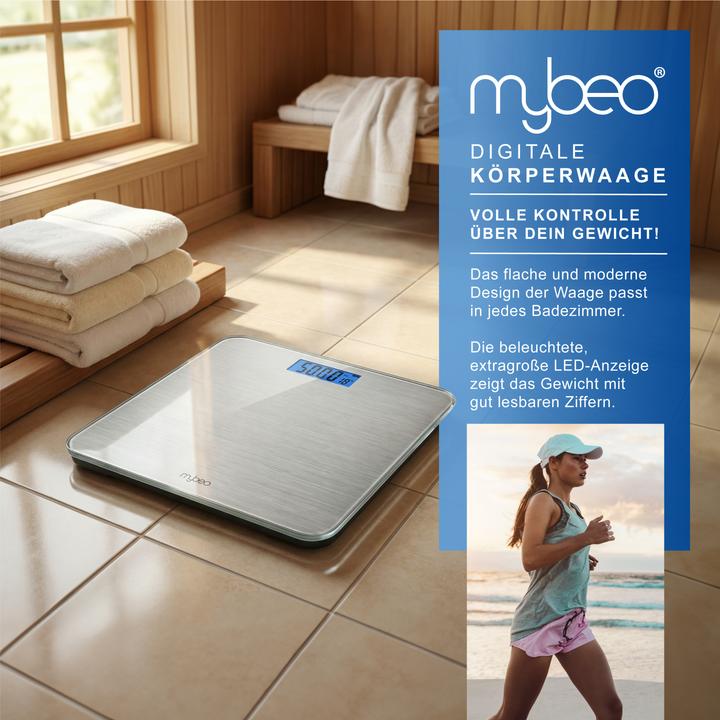 Actual product image Mybeo Personenwaage digital, max.180 kg Belastung, Trittfläche aus 6mm Sicherheitsglas, schmales Design (180 kg)