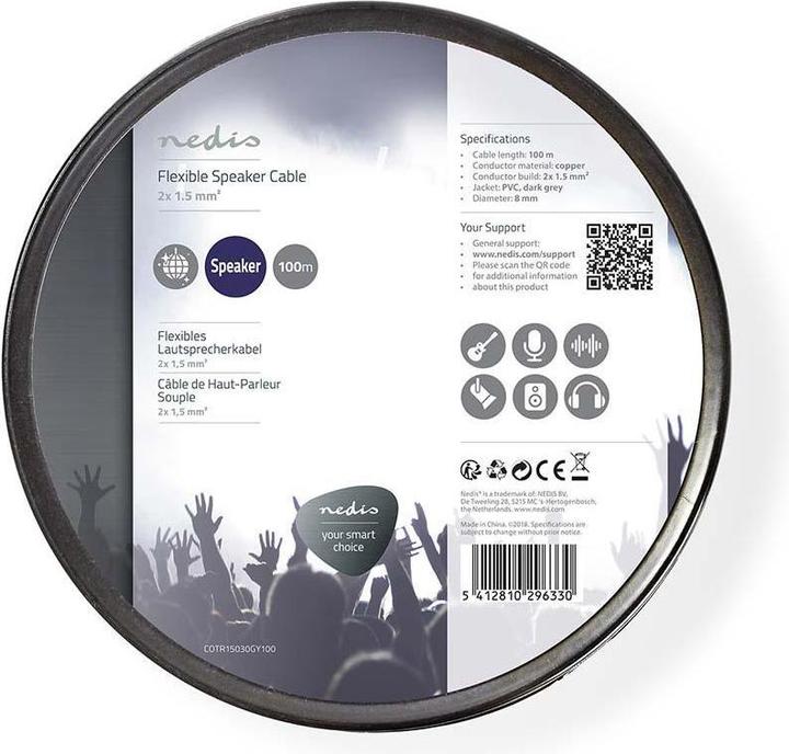 Actual product image Nedis Loudspeaker cable | 2x 1.50 mm² | copper | 100.0 m | round | PVC | dark grey | roll (100 m, 1.50 mm²)