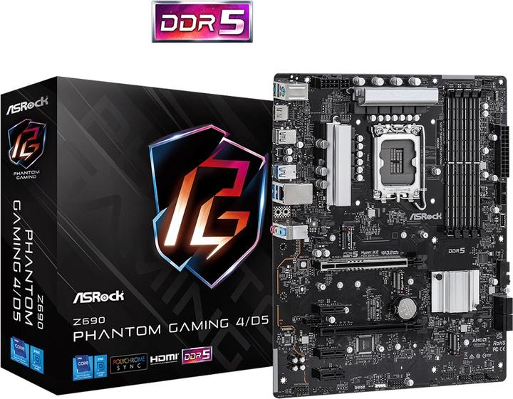 Produktbild AsRock MB Z690 Phantom Gaming 4/D5 1200 HDMI DDR5 (LGA 1700, Intel Z690 (DDR5), ATX)