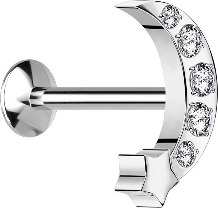 Image du produit Star Piercing Micro Threadless UFO Labret silber Mond mit Stern silber Kristalle silber (sans laiton, Acier chirurgical 316L)