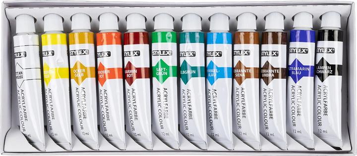 Productafbeelding Stylex Acrylverf, 12st. (Wit, Oranje, Geel, Groen, Blauw, Zwart, Rood, Bruin, 12 ml)