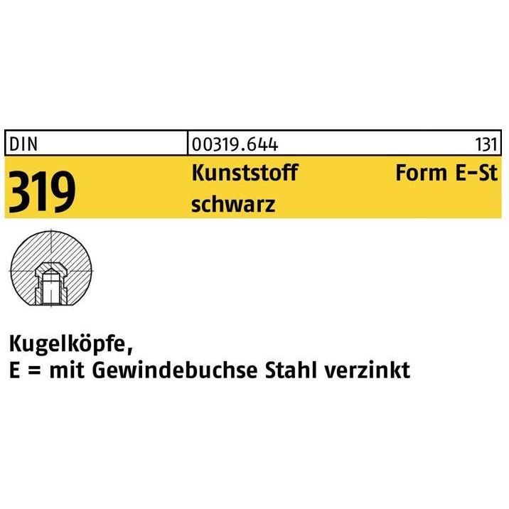 Türgriff + Fenstergriff, Kugelknopf DIN 319 Form E 25 M 6 Kunststoff schwarz Stahlbuchse (Türknopf)