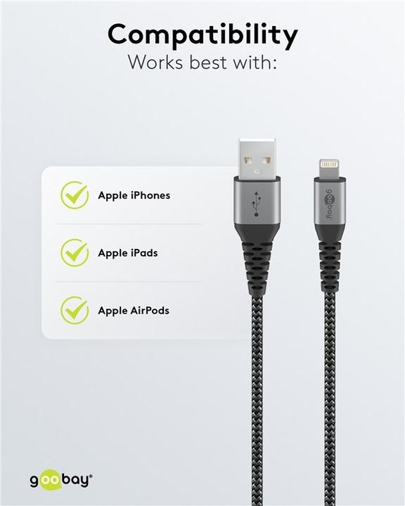 Produktbild Goobay Lightning auf USB-A Textilkabel mit Metallsteckern (space grau/silber) 2 m, 2 m, Schwarz-Grau (2 m, USB 2.0)