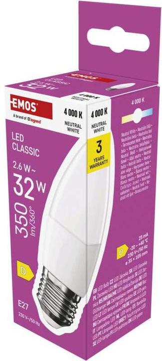 Image du produit Emos Lampe LED Classic Candle / E27 / 2,6 W (25 W) / 350 lm / Blanc neutre (E27, 350 lm, 1 x)