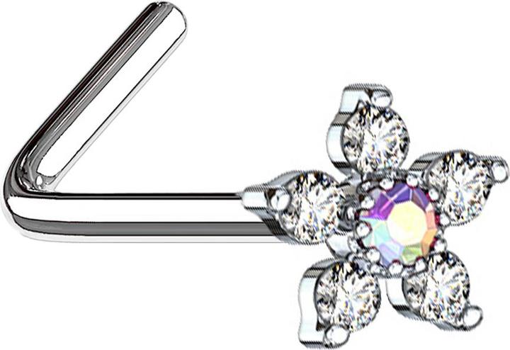 Produktbild Star Piercing Nasenstecker gewinkelt silber Blume mit Kristall multicolor und silber (Messing, Chirurgenstahl 316L)