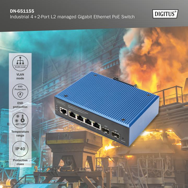 Produktbild Digitus Industrial 4+2-Port L2 managed Gigabit Ethernet PoE Switch (4 Ports)