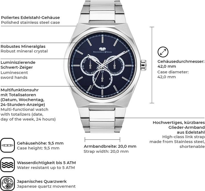 Produktbild Herren Multifunktionen Cooledge Edelstahl silber - 5608 (Analoguhr, 42 mm)