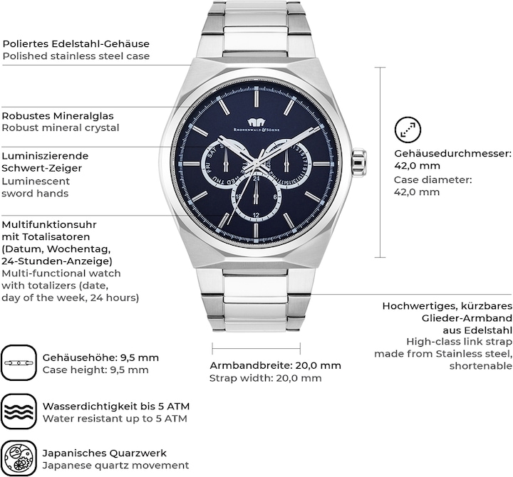 Image du produit Hommes multifonctions Cooledge acier inoxydable argenté - 5608 (Montre analogique, 42 mm)
