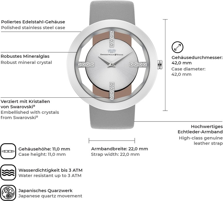 Immagine prodotto Orologio al quarzo da donna Lucrezia in vera pelle grigio - 5128 (Orologio da polso analogico, 42 mm)
