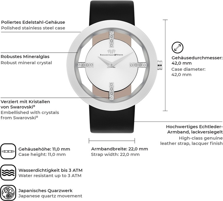 Image du produit Montre à quartz Lucrezia en cuir véritable noir - 4338 (Montre analogique, 42 mm)