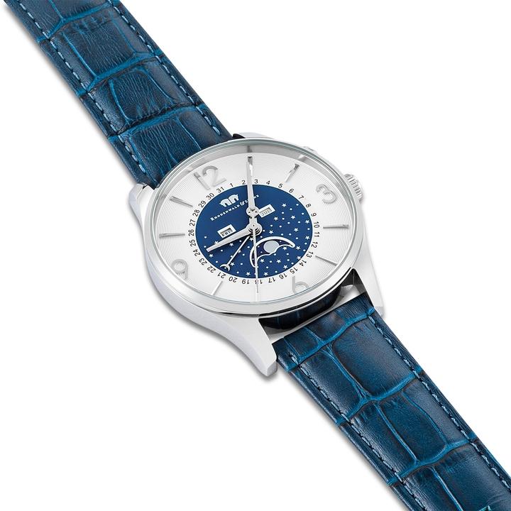 Actual product image Men quartz watch Moontime genuine leather blue - 16416 (Analogue wristwatch, 43 mm)