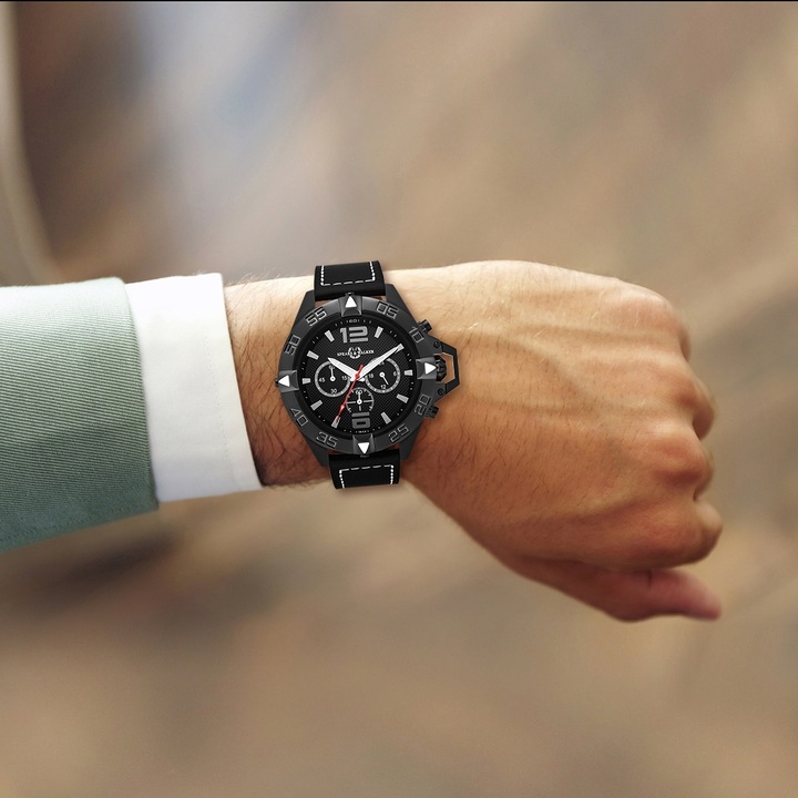 Image du produit Spears & Walker Montre à quartz pour homme Varus II en cuir véritable noir - 23250 (Chronographe, 50 mm)
