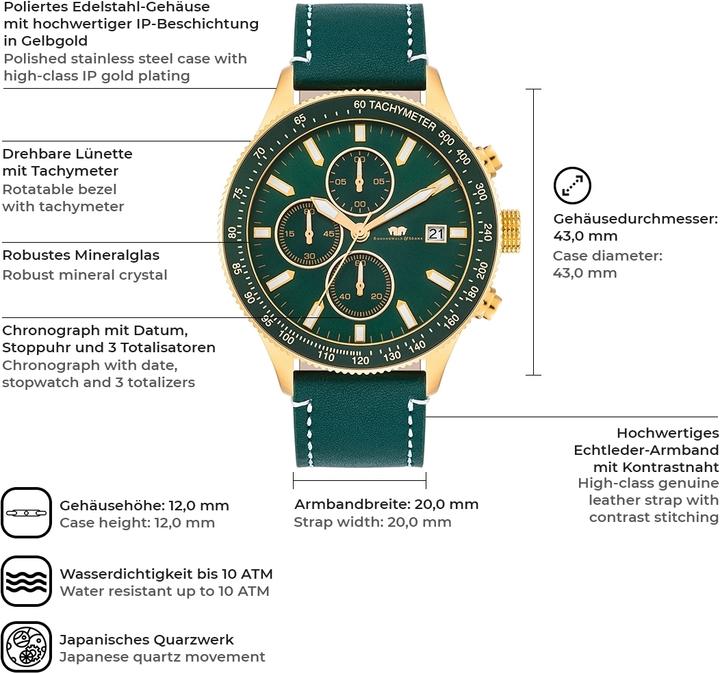 Immagine prodotto Cronografo da uomo Carthago II in vera pelle verde - 23554 (Cronografo, 43 mm)